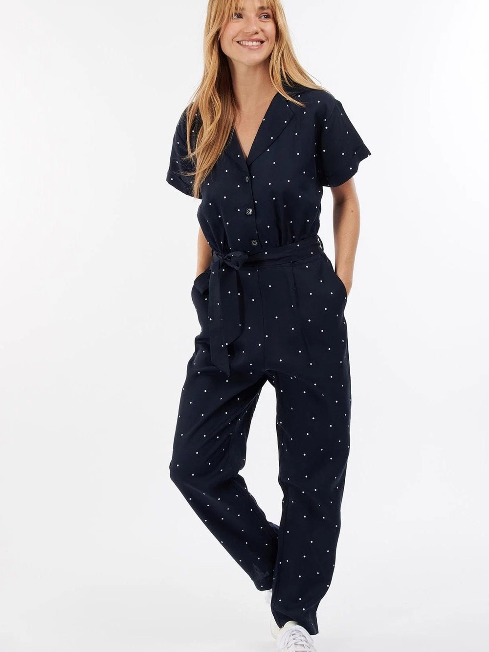 Barbour Melita Navy and White Polka Dot Short-Sleeve Jumpsuit Size 4 Small